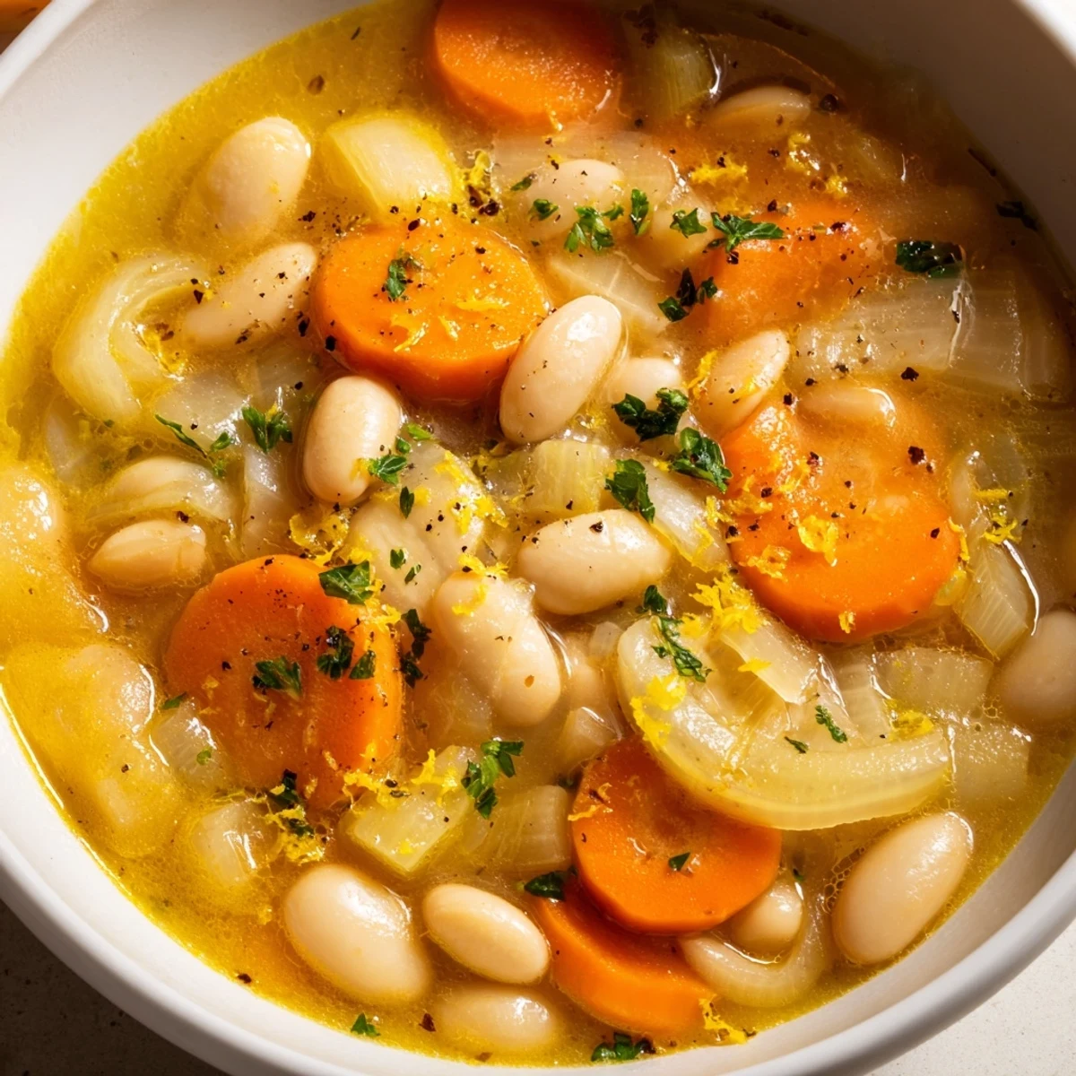 A ladle pours hearty brothy carrot butter bean soup into rustic bowls topped with parsley