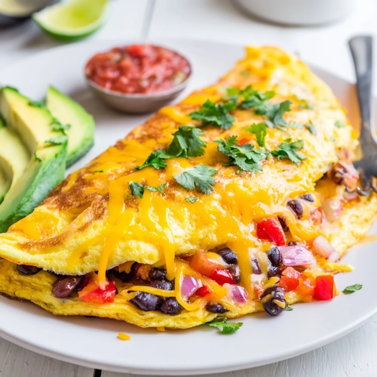 Golden Mexican omelette folded with melted cheese, beans, and fresh cilantro