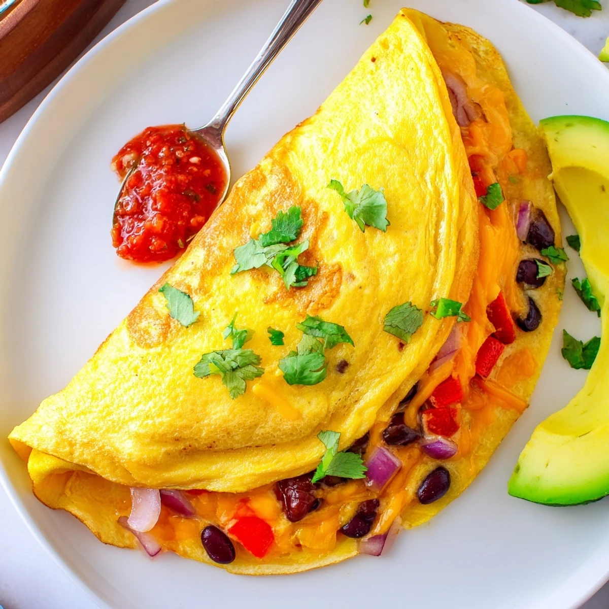 Colorful Mexican omelette filled with peppers, onions, and melted cheddar cheese