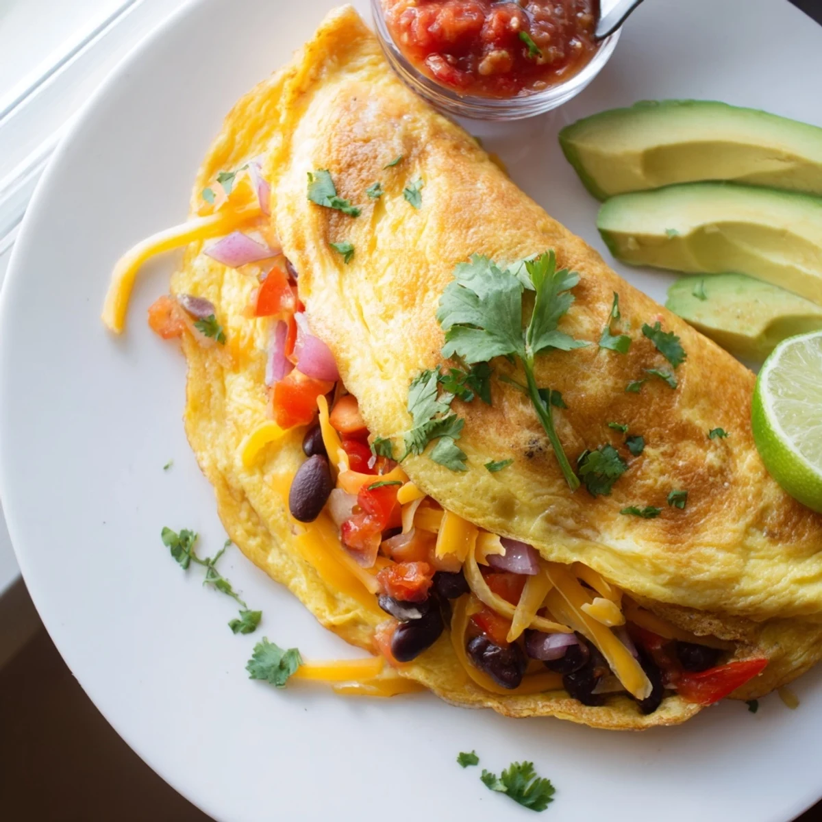 Spicy Mexican omelette topped with avocado slices, salsa, and lime wedges
