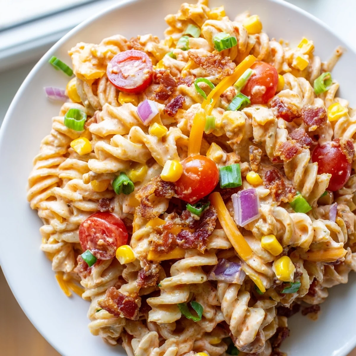 Creamy cowboy pasta salad loaded with beef, bacon, corn, and cheddar cheese