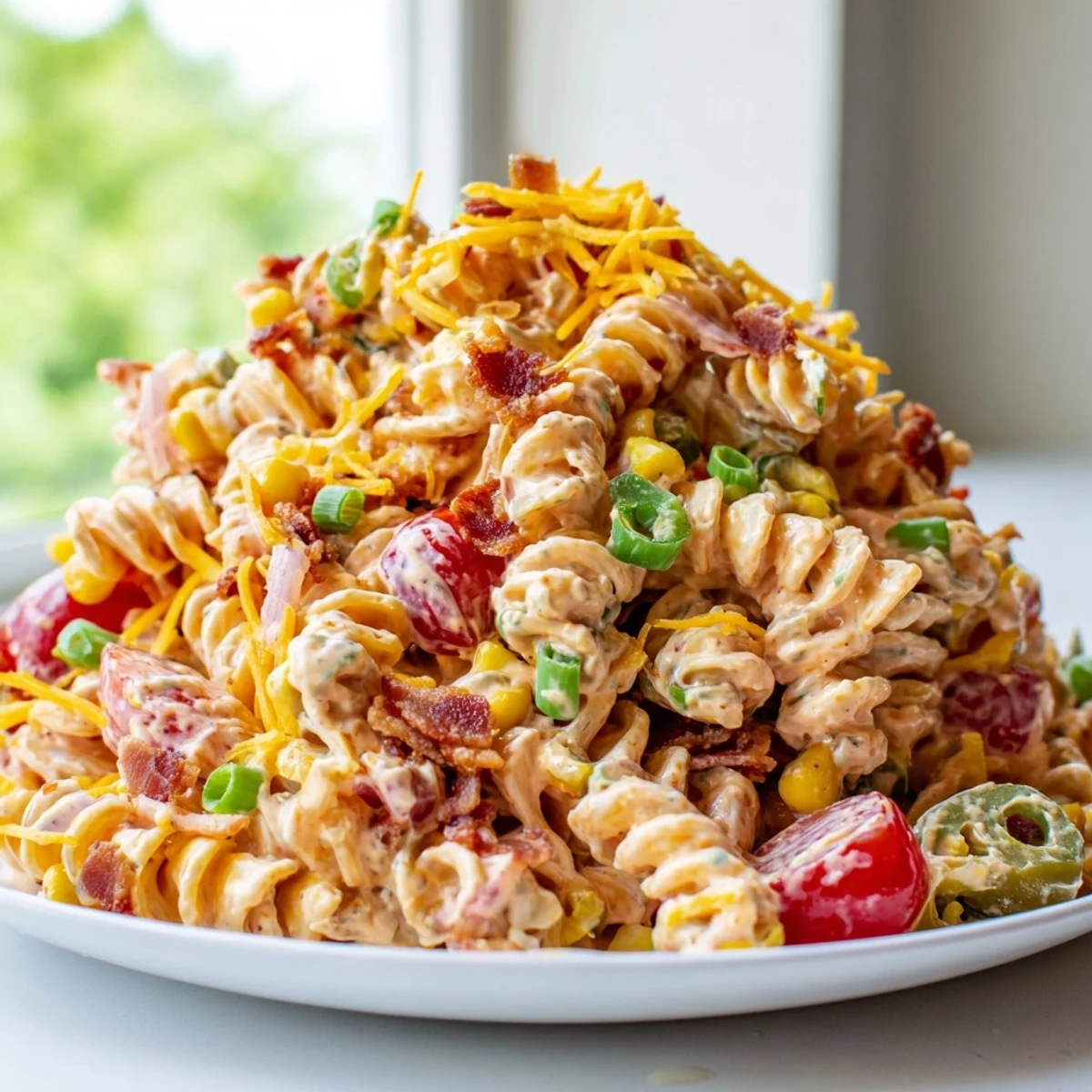Hearty cowboy pasta salad drizzled with tangy BBQ ranch dressing in a bowl