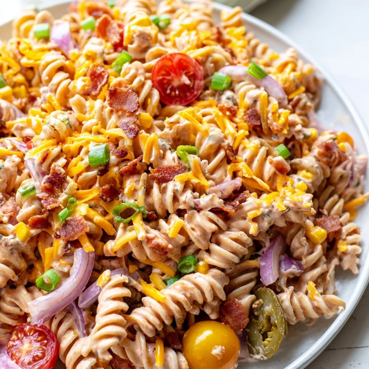 Colorful cowboy pasta salad tossed with ground beef, tomatoes, and shredded cheddar
