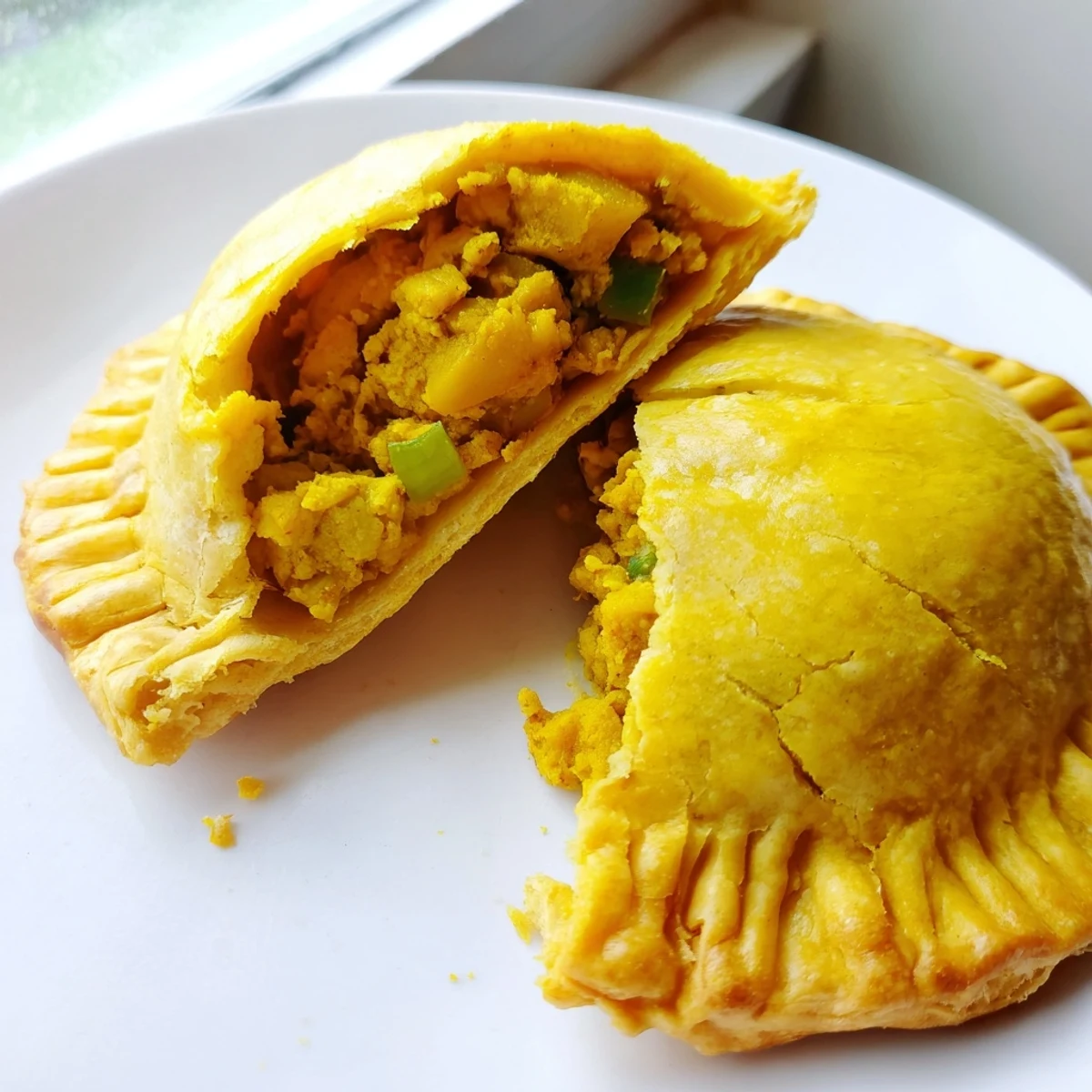 Golden flaky Jamaican curry chicken patties fresh from the oven on parchment paper