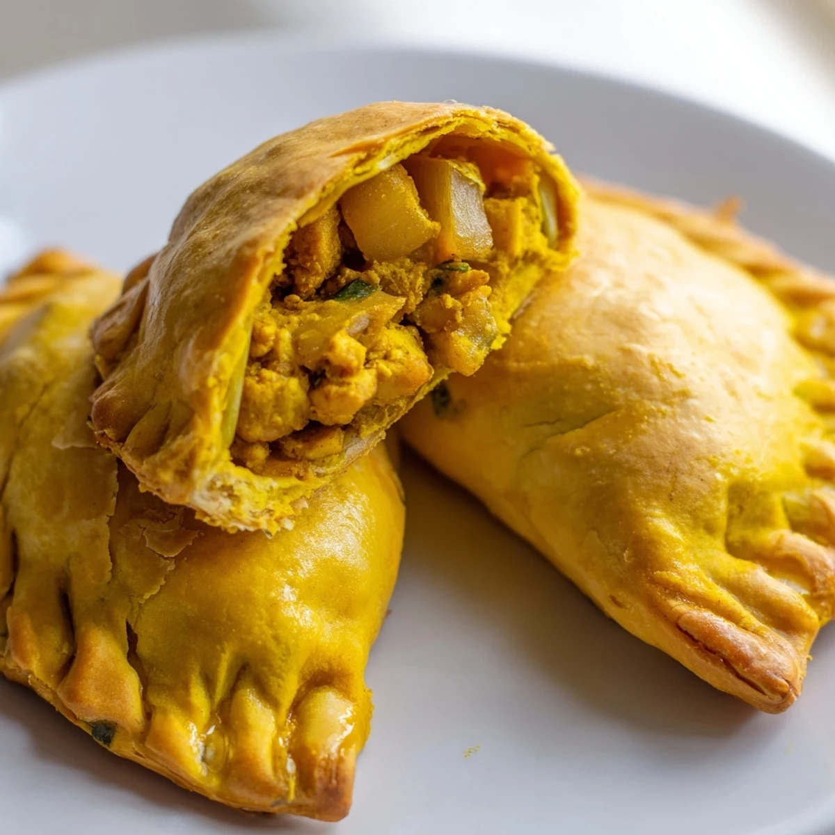 Crispy half-moon Jamaican curry chicken patties with aromatic spiced filling steaming gently