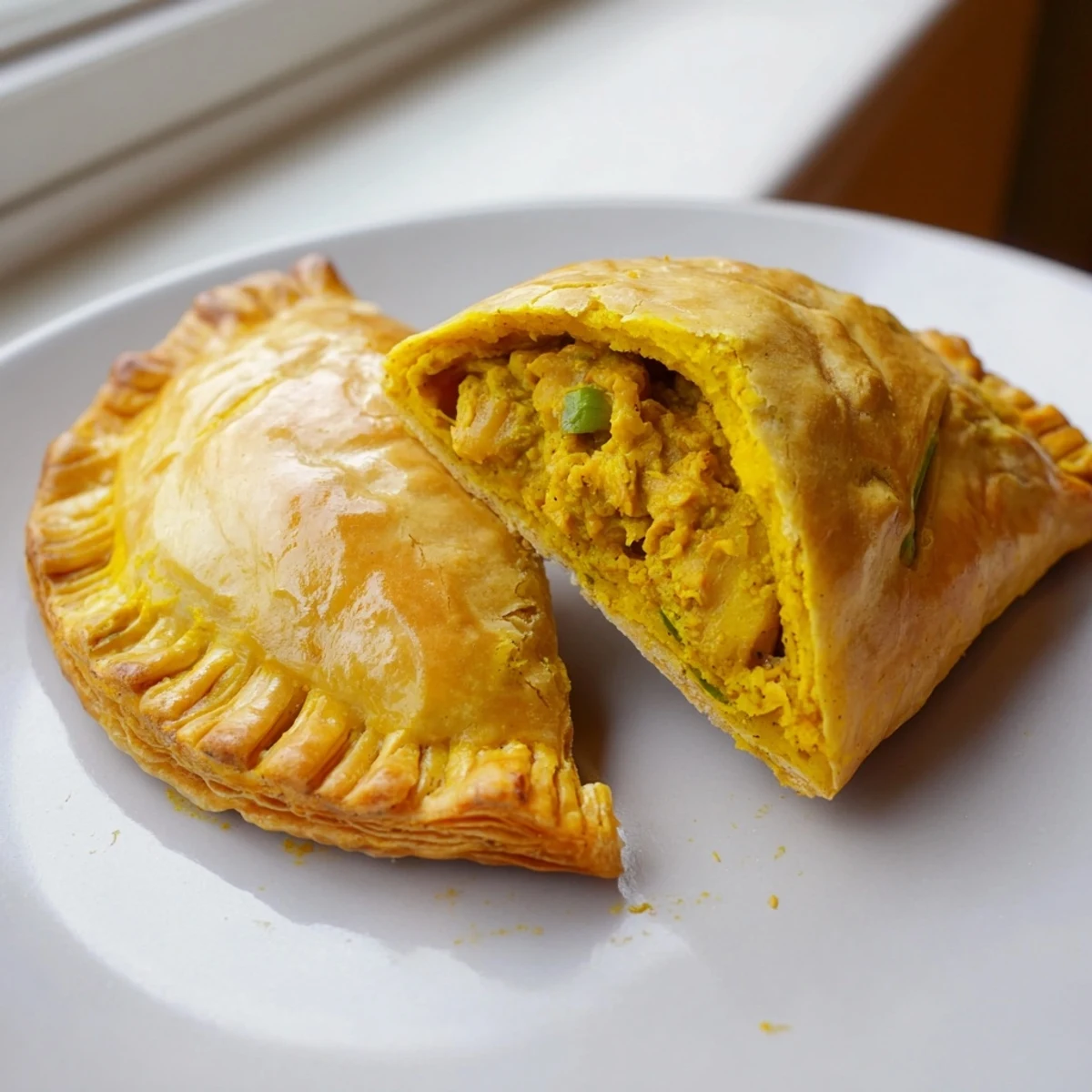 Close-up of baked Jamaican curry chicken patties showing tender curried filling inside