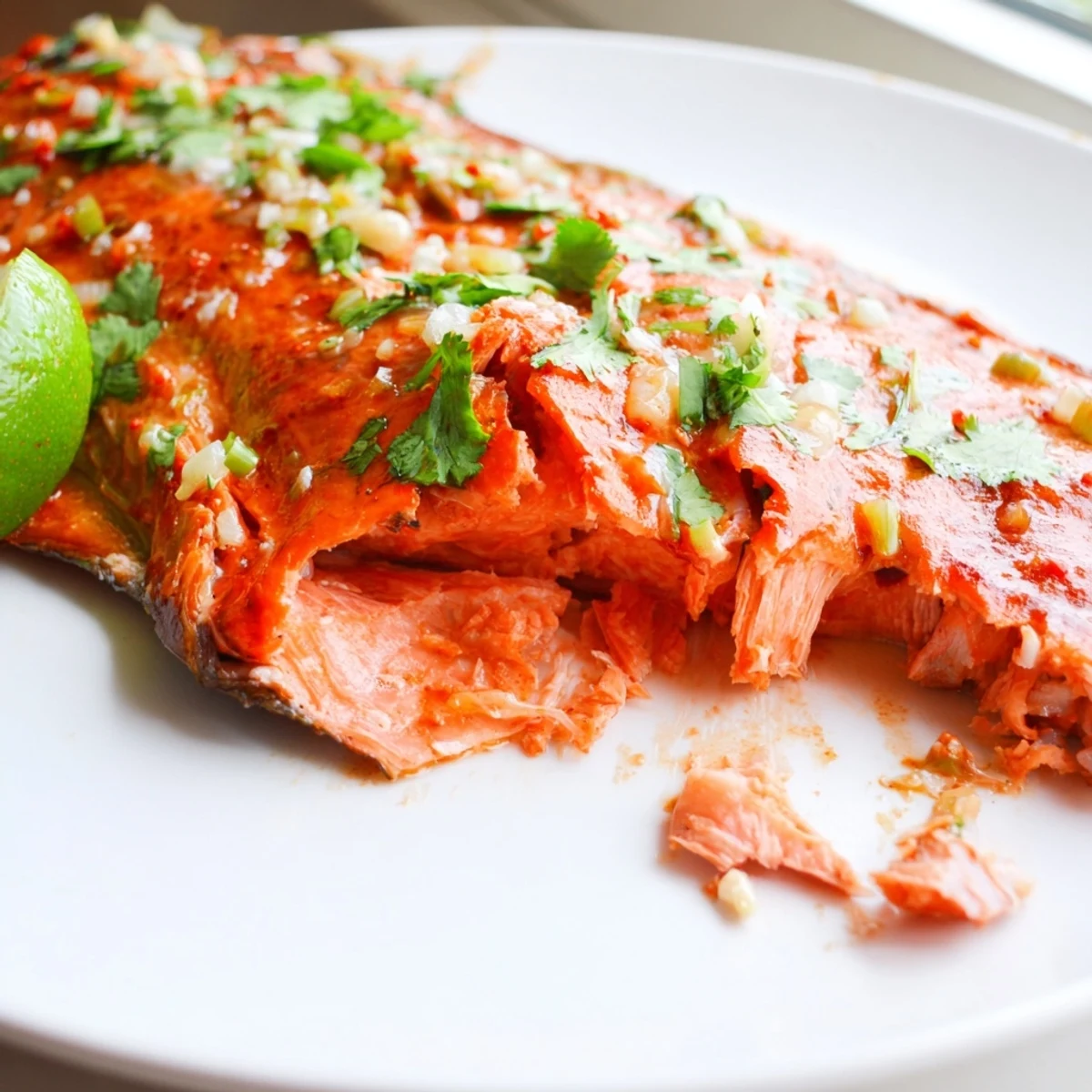 Golden chili lime baked trout fillets garnished with fresh cilantro and lime wedges