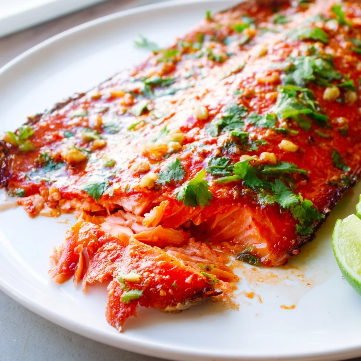 Tender chili lime baked trout with spicy crust served on a white plate