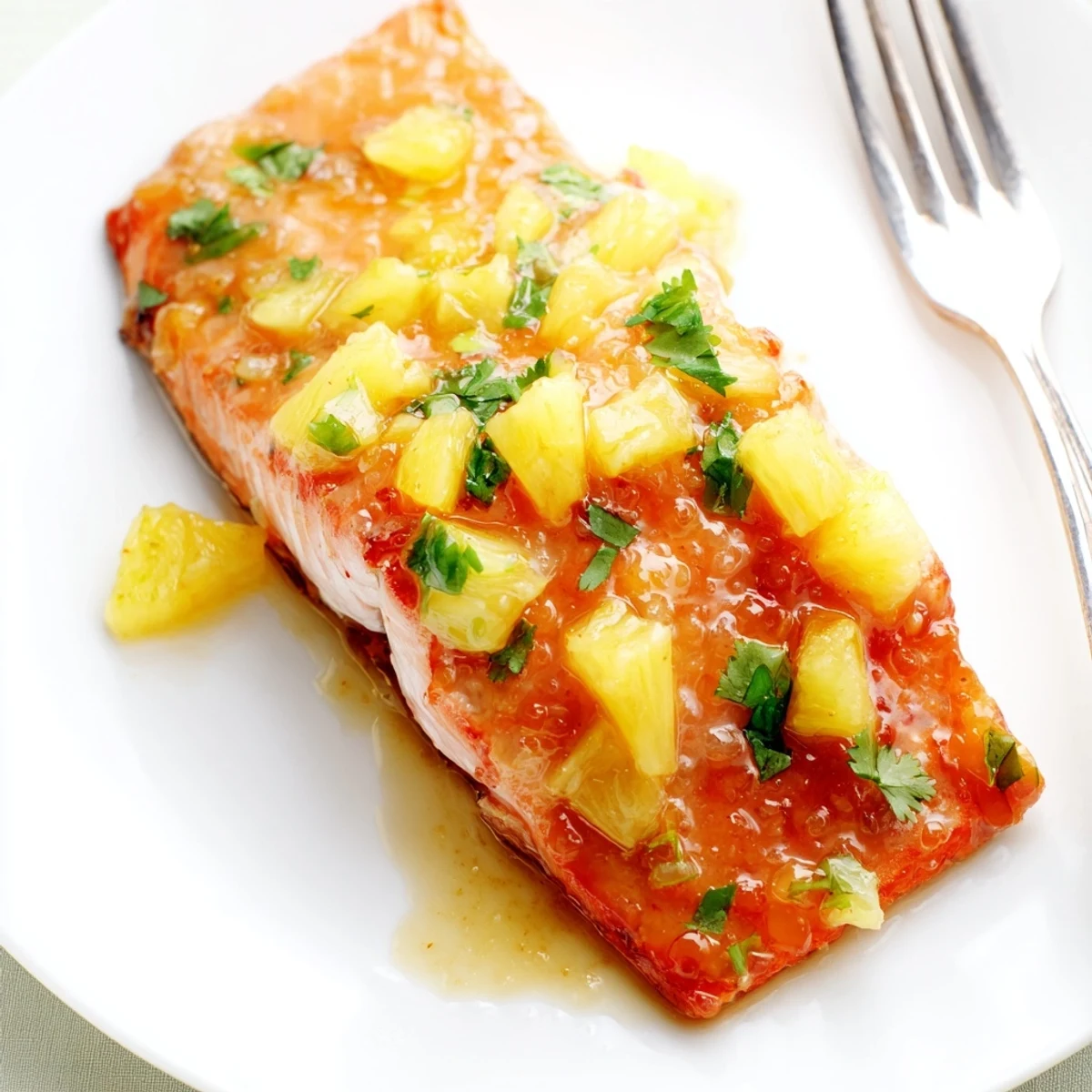 Glistening honey pineapple glazed salmon with caramelized edges on a white plate