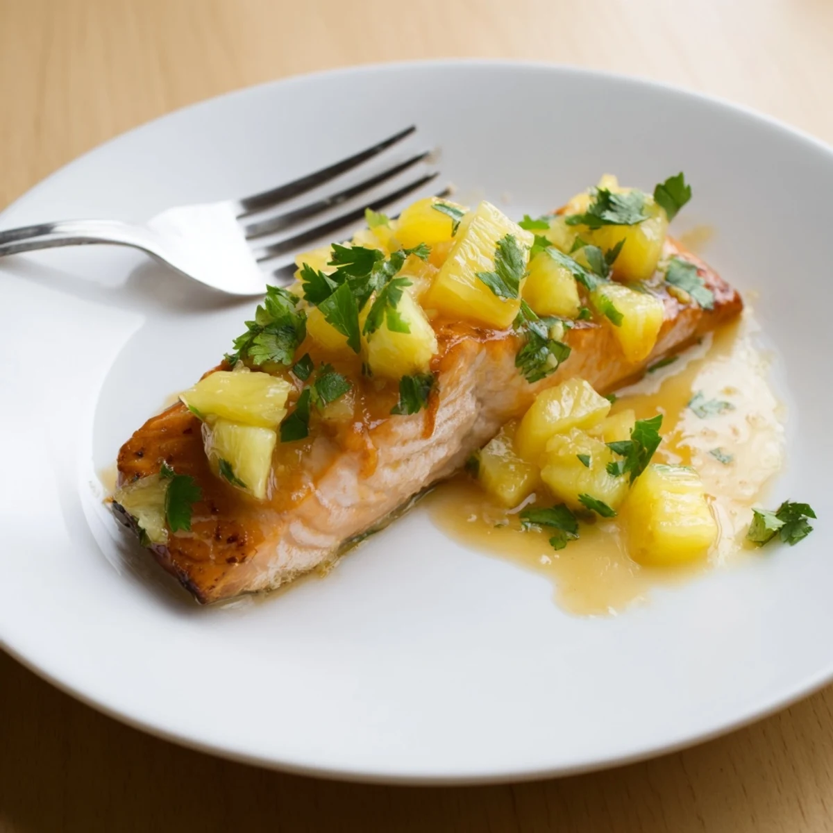 Golden honey pineapple glazed salmon fillet topped with fresh diced pineapple and cilantro