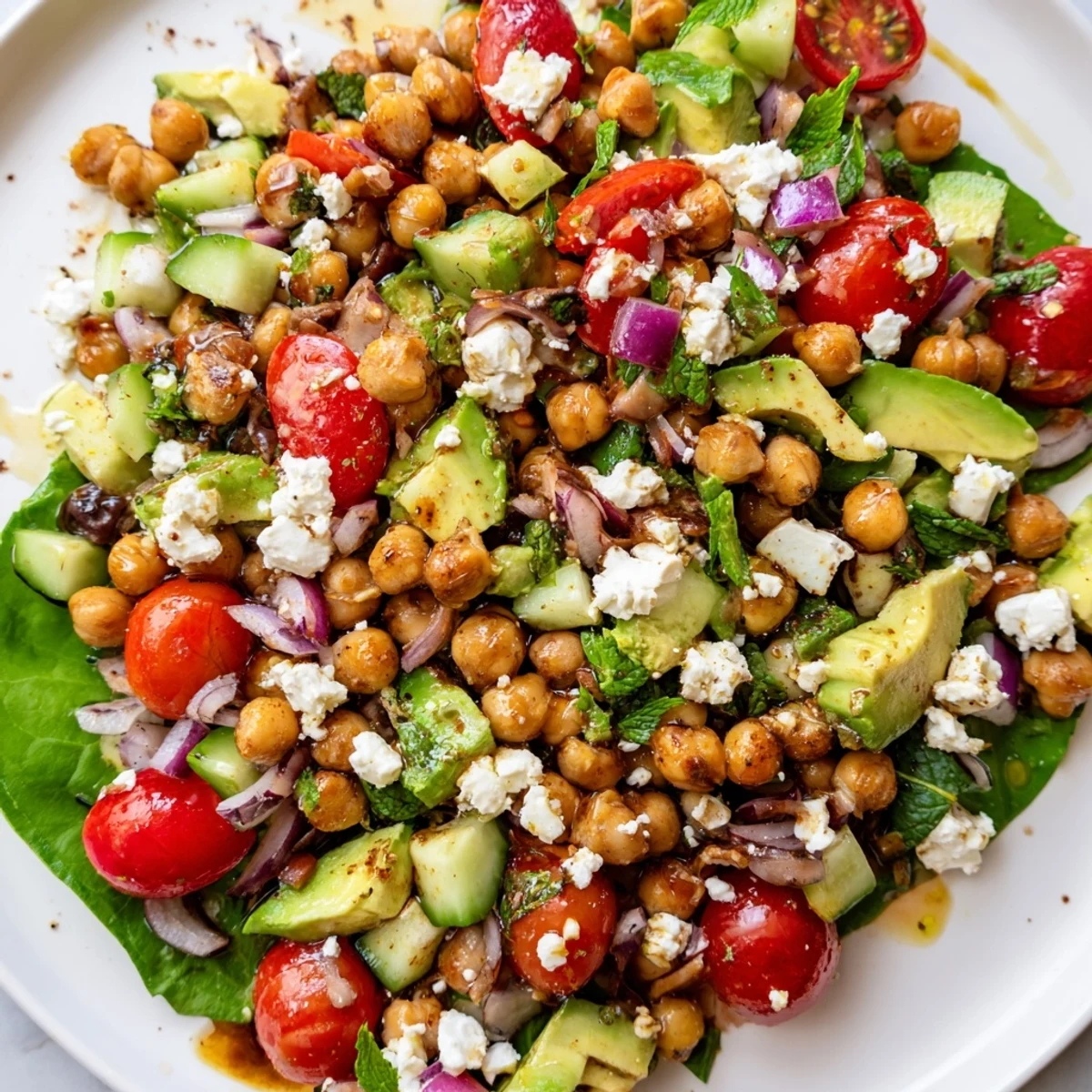 Creamy avocado and crumbled feta top this vibrant chickpea salad in a bright bowl