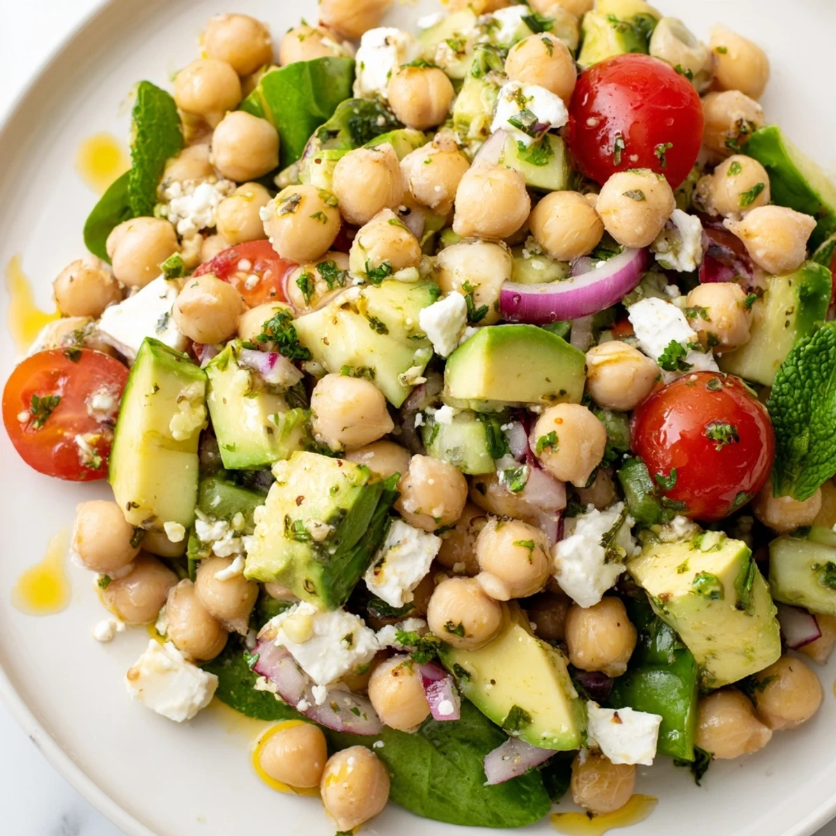 Golden chickpeas mingle with juicy tomatoes and tangy feta in this fresh Mediterranean salad