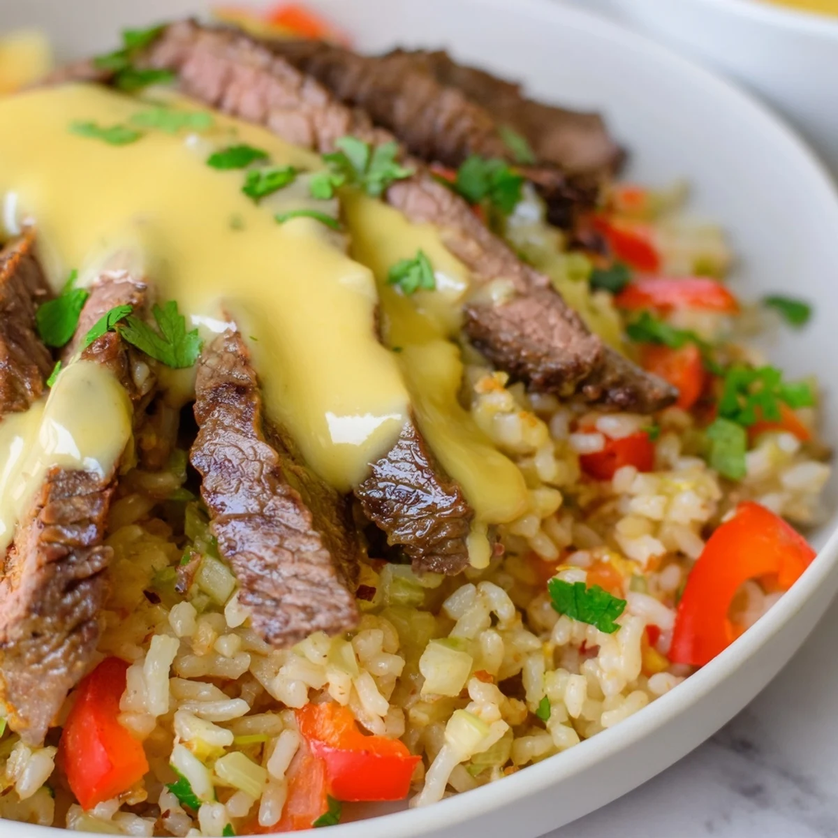 Sizzling steak queso rice drizzled with warm queso over seasoned fluffy grains