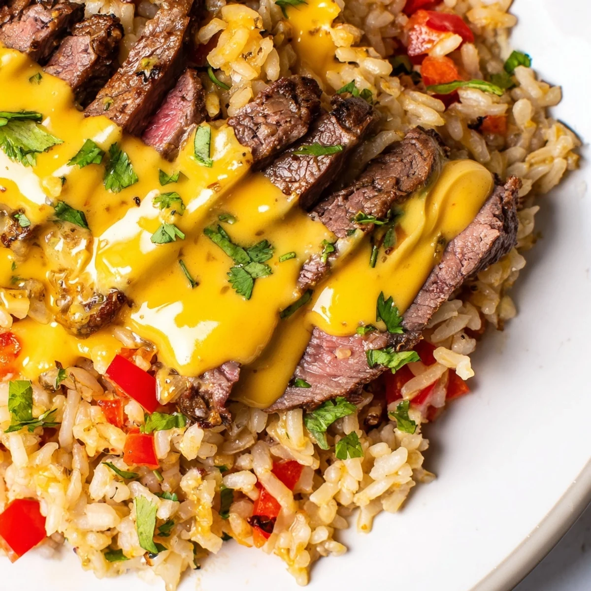 Creamy steak queso rice topped with melted cheese and colorful bell peppers