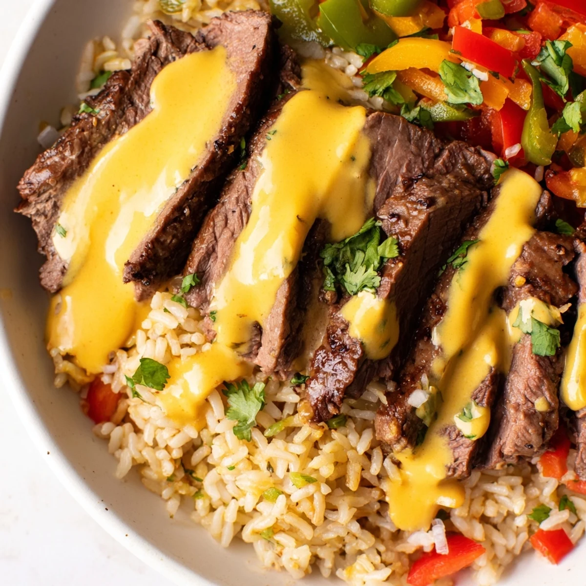 Hearty steak queso rice garnished with fresh cilantro on a rustic dinner plate