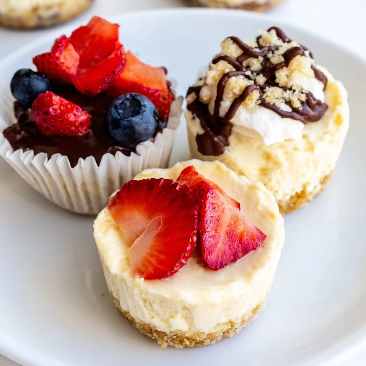Creamy mini cheesecakes with golden graham cracker crusts drizzled in rich chocolate ganache