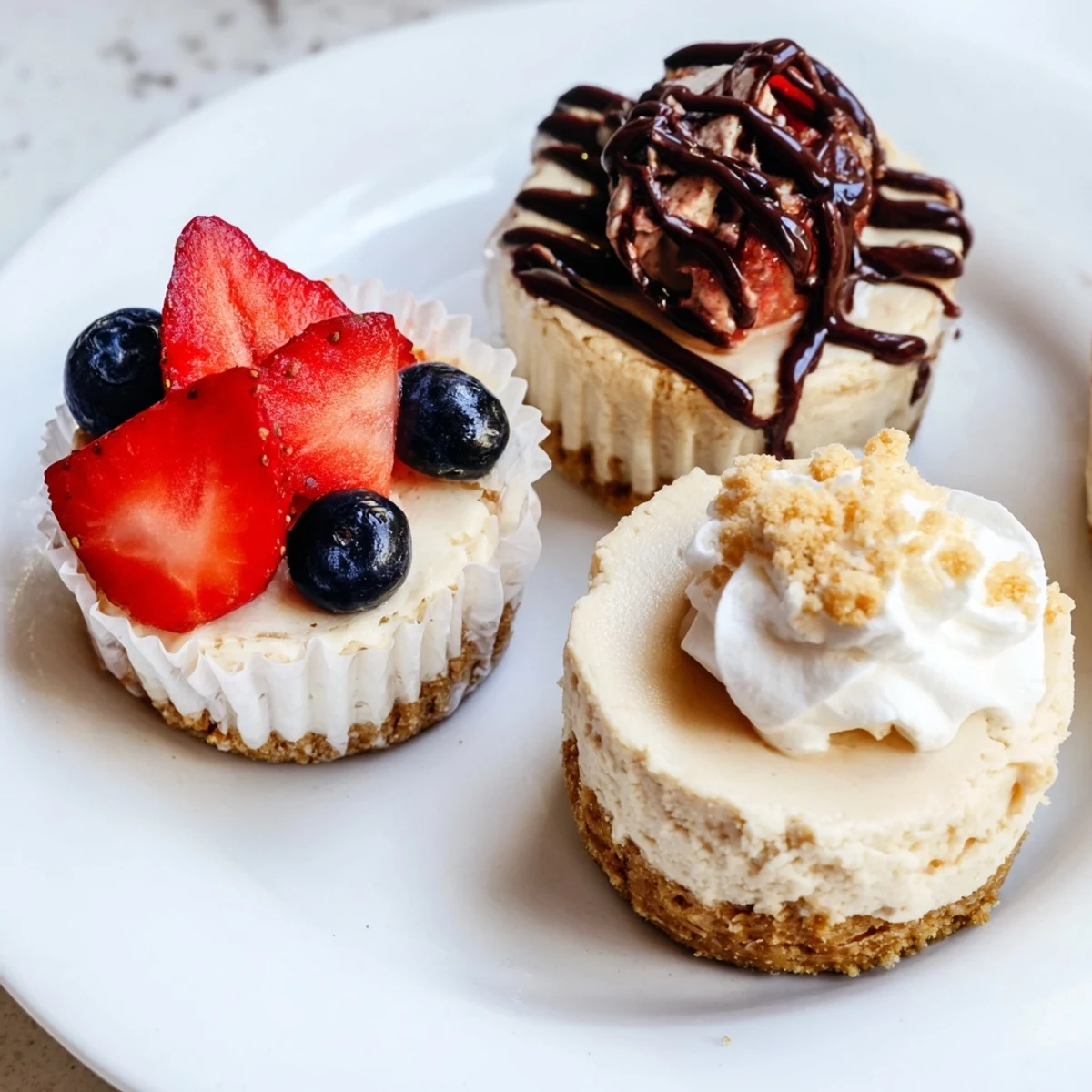 Mini cheesecakes topped with fresh berries and whipped cream on a white plate