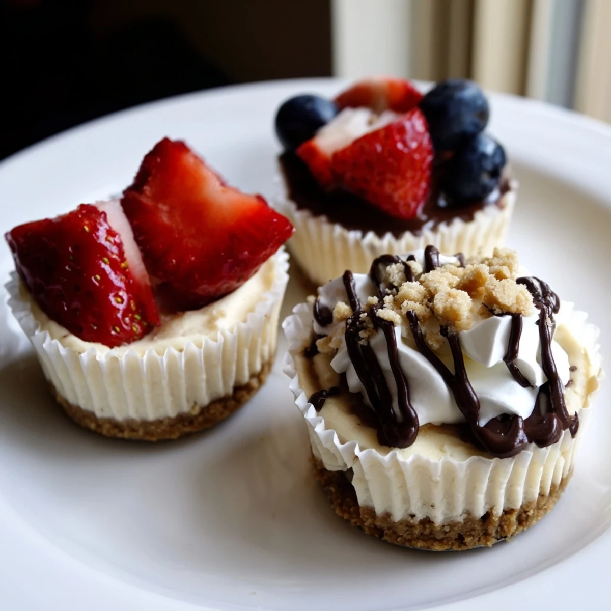 Assorted mini cheesecakes arranged on a dessert tray with vibrant berry toppings