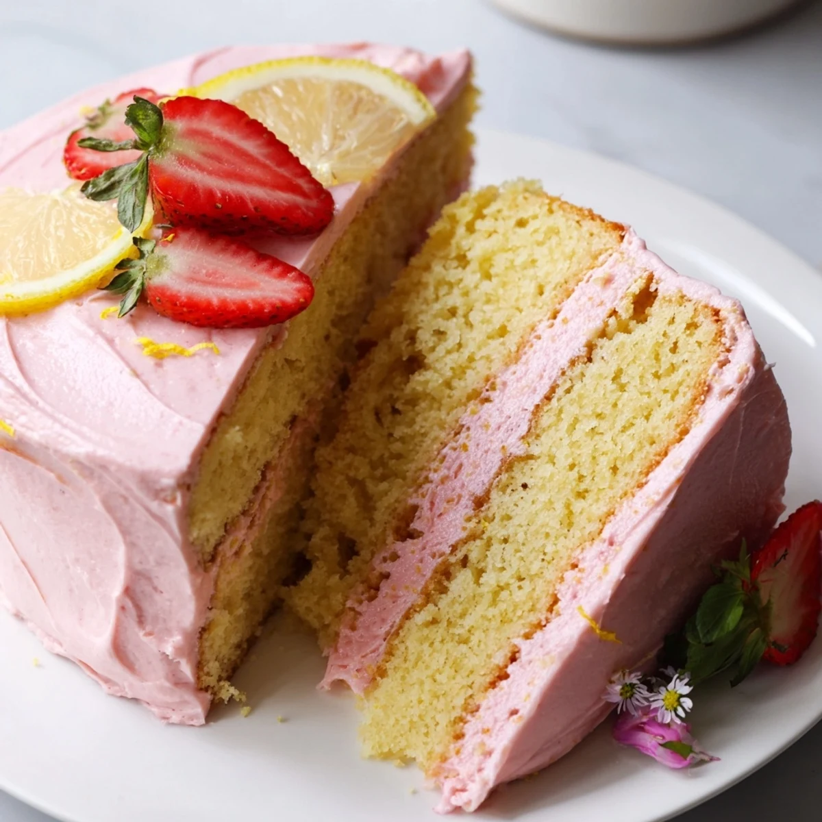 A slice of strawberry lemonade cake with pink frosting on a white plate