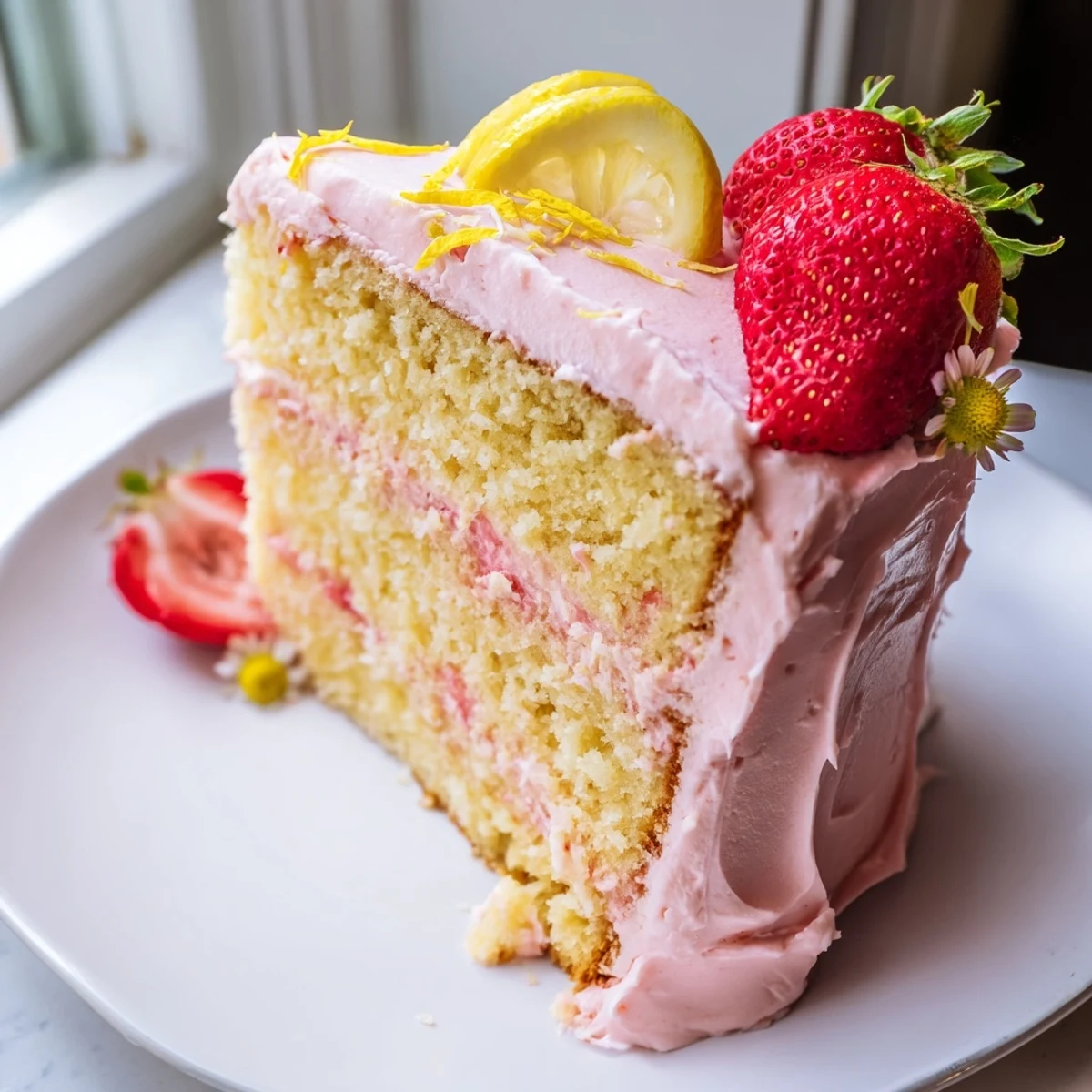 Strawberry lemonade cake layered with creamy frosting and topped with fresh berries