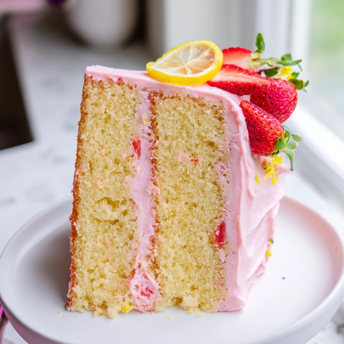 Tall strawberry lemonade cake decorated with lemon slices and garnished with edible flowers