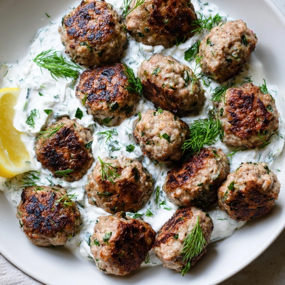 Golden Greek turkey meatballs nestled beside a bowl of cool, creamy tzatziki sauce.