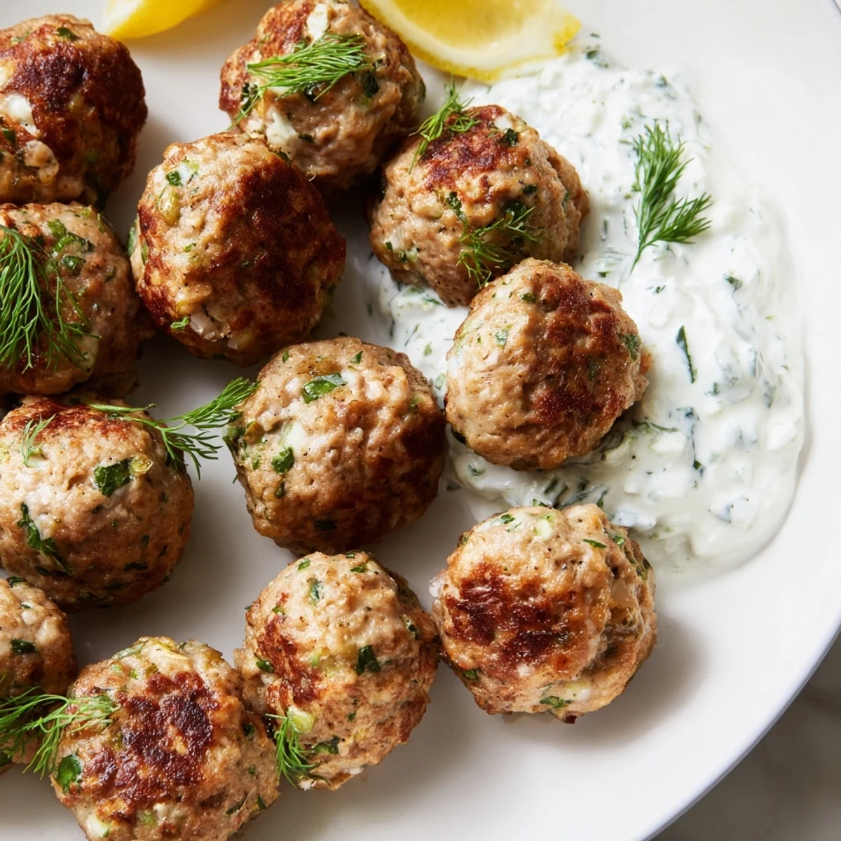 Crispy herb-flecked Greek turkey meatballs drizzled with tzatziki on a rustic white plate.