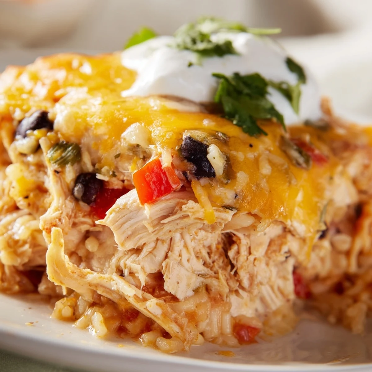 Golden bubbling chicken burrito casserole with melted cheddar and fresh cilantro garnish