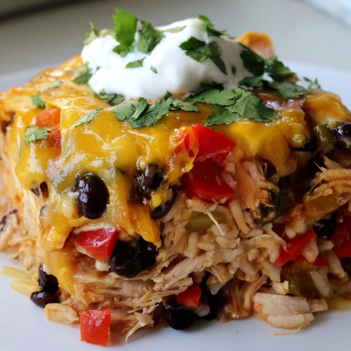 Creamy chicken burrito casserole layered with beans, rice, and gooey cheese