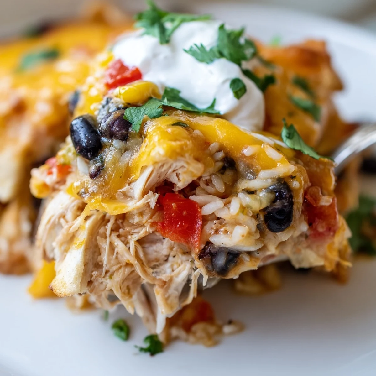 Hearty chicken burrito casserole fresh from the oven with sour cream dollops