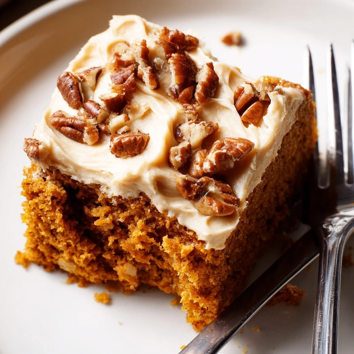 Golden pumpkin pecan cake slice topped with swirled cinnamon cream cheese icing on a rustic plate