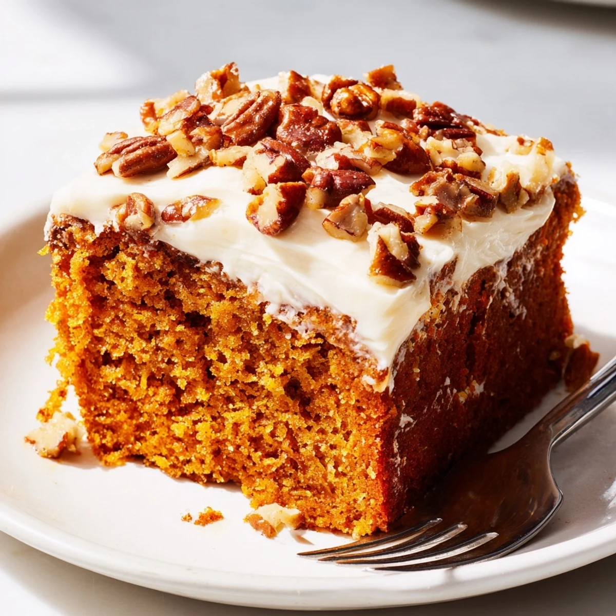 Moist spiced pumpkin pecan cake with toasted nuts and thick cinnamon cream cheese frosting