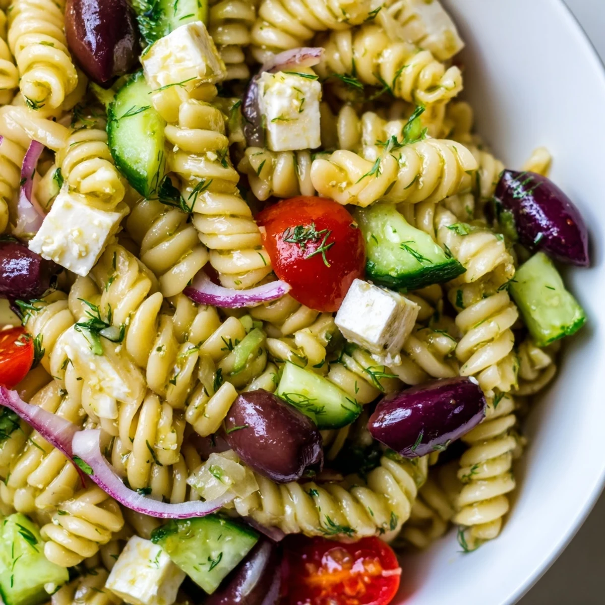 Colorful Greek Pasta Salad loaded with crunchy vegetables, briny olives, and creamy feta cheese