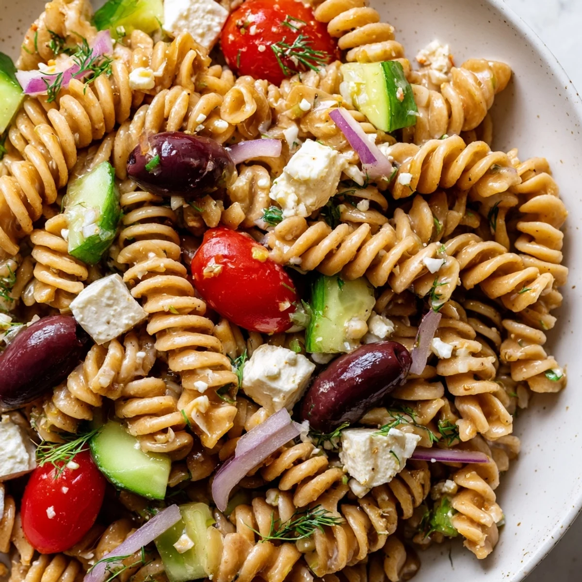 Chilled Greek Pasta Salad tossed in a bright, zesty lemon herb vinaigrette dressing