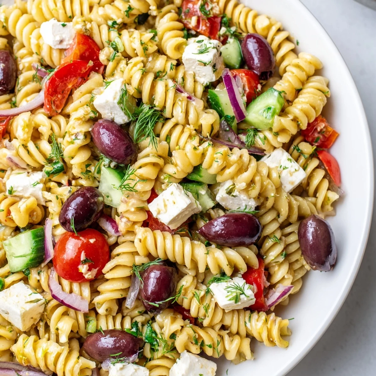 Hearty Greek Pasta Salad served in a rustic bowl with ripe cherry tomatoes and feta