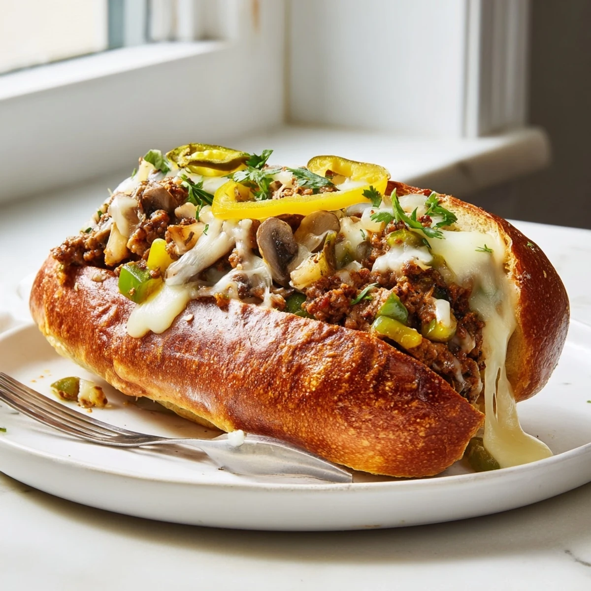 Gooey Cheesy Philly Sloppy Joes piled high on a golden toasted brioche bun