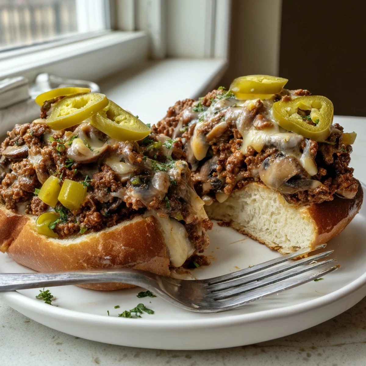 Steaming Cheesy Philly Sloppy Joes with melted provolone dripping over sautéed peppers and onions