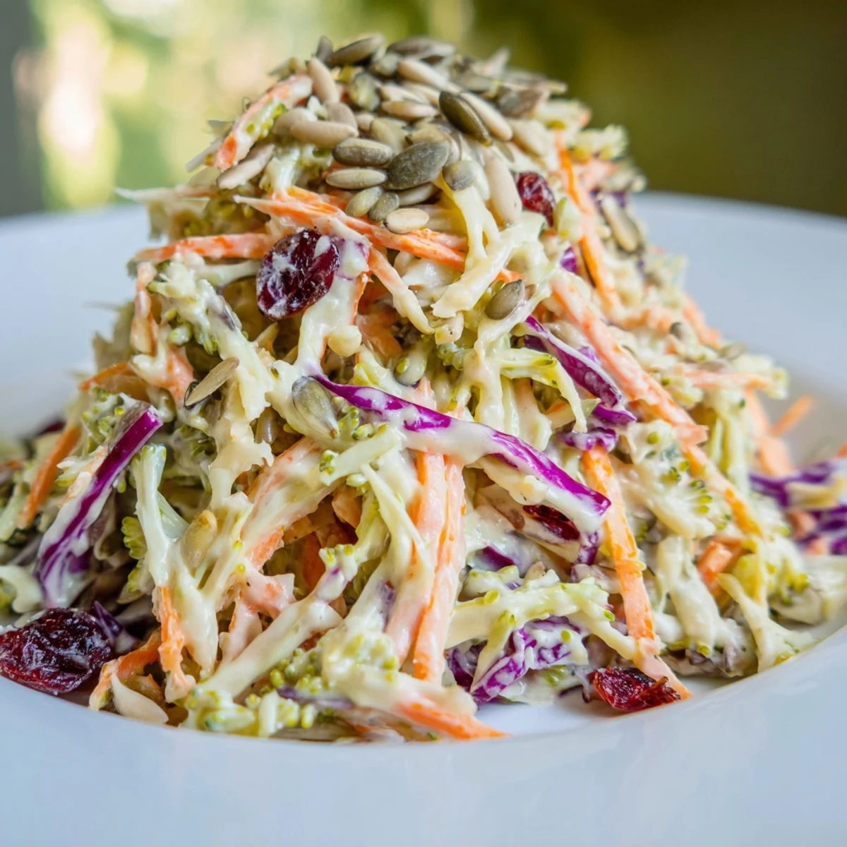 Broccoli Slaw in a white bowl topped with sunflower seeds and cranberries