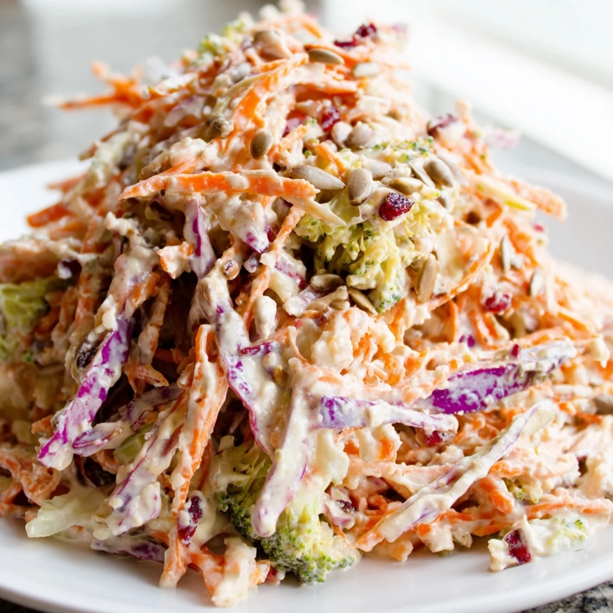 Broccoli Slaw side dish with colorful cabbage and a glossy mayonnaise dressing