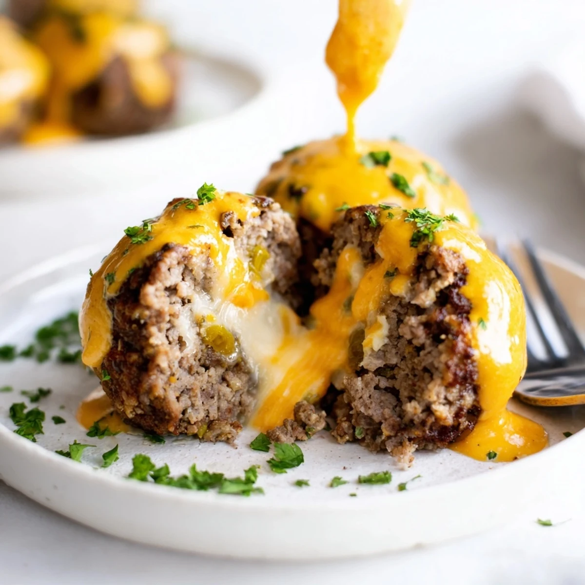 Golden cheese stuffed meatballs drizzled with creamy spicy cheese sauce on a rustic plate