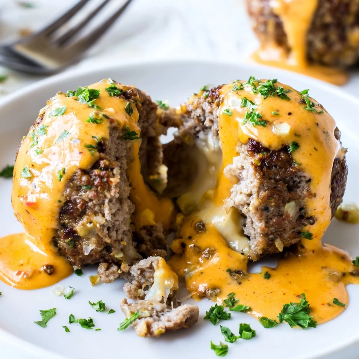 Juicy cheese stuffed meatballs oozing melted mozzarella, smothered in smoky cheddar sauce