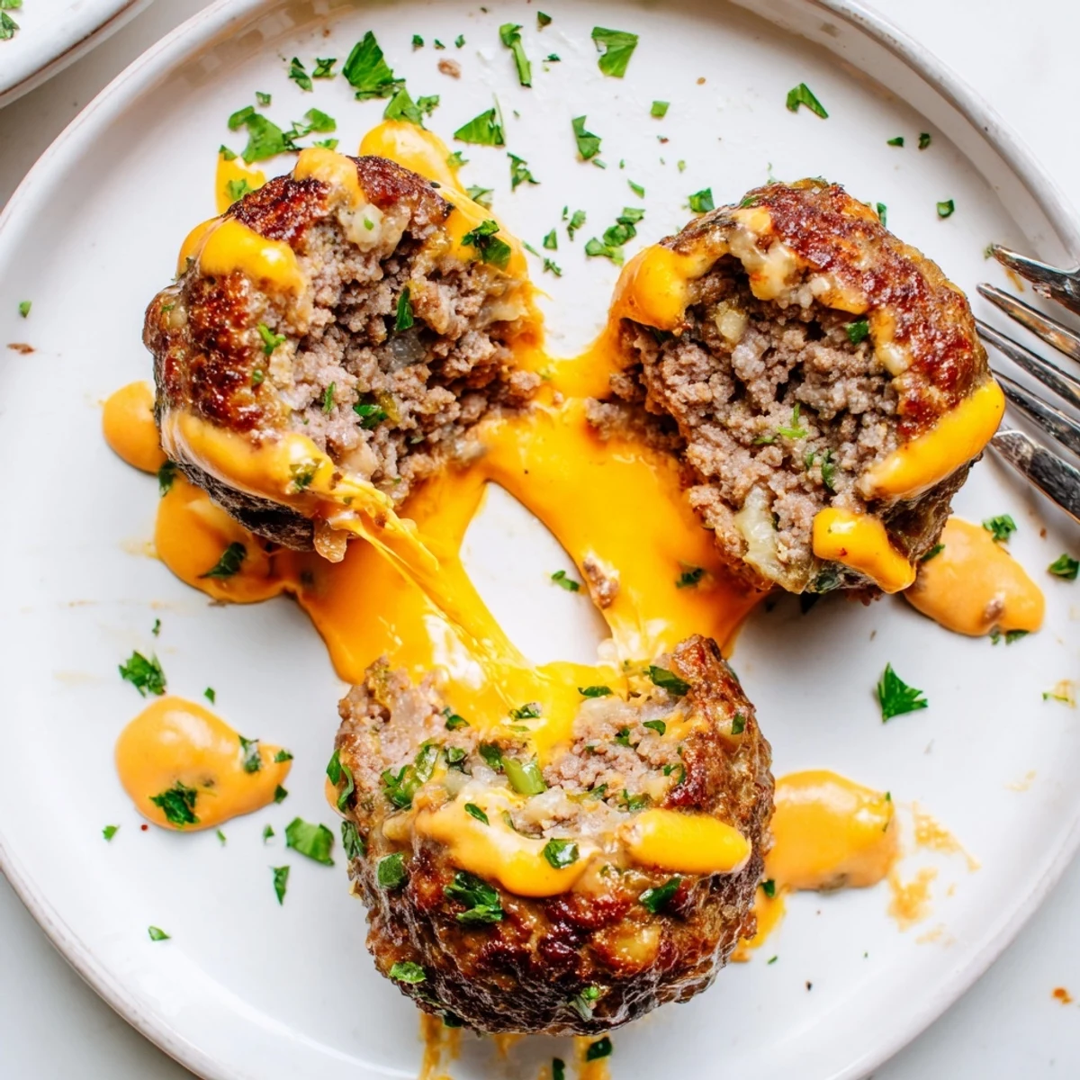 Crusty bread dipped into spicy cheese sauce alongside tender baked cheese stuffed meatballs