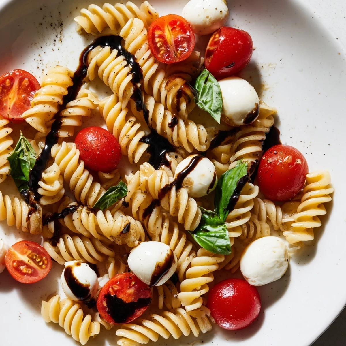 Colorful Caprese Pasta Salad with juicy tomatoes, fresh mozzarella, and fragrant basil leaves