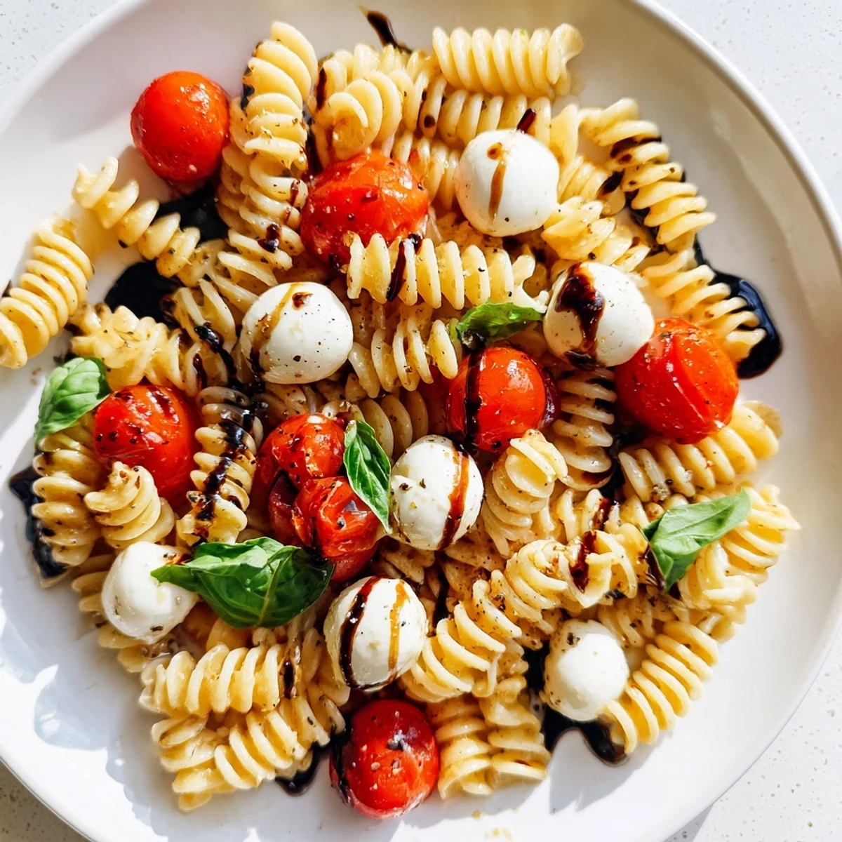 Chilled Caprese Pasta Salad drizzled with balsamic glaze in a rustic serving bowl