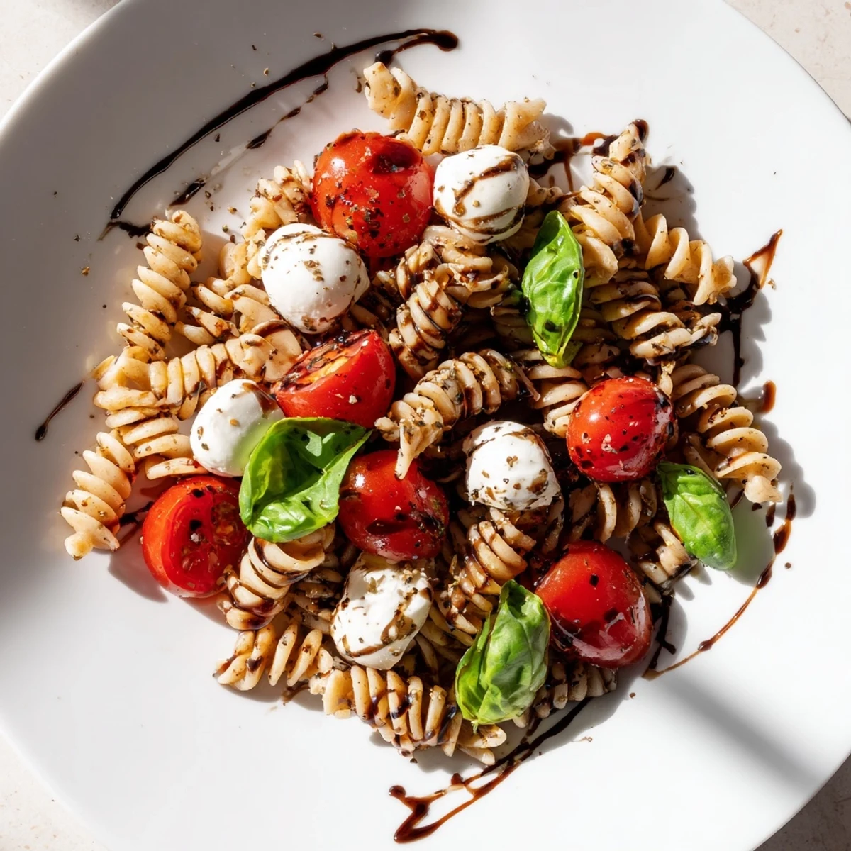 Vibrant Caprese Pasta Salad featuring cherry tomatoes, torn basil, and creamy mozzarella balls