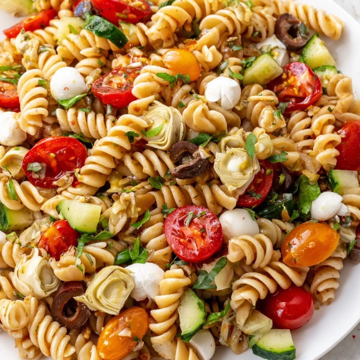 Colorful Italian pasta salad with cherry tomatoes, mozzarella, and fresh basil leaves
