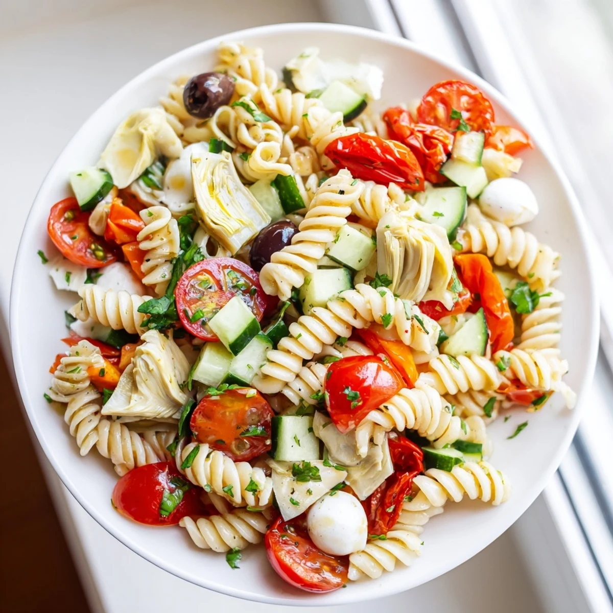 Vegetarian Italian pasta salad tossed in tangy vinaigrette with crisp garden vegetables