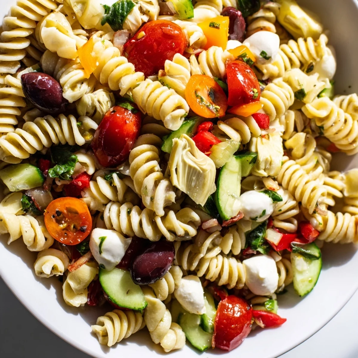 Bowls of Italian pasta salad featuring olives, bell peppers, and creamy mozzarella pearls