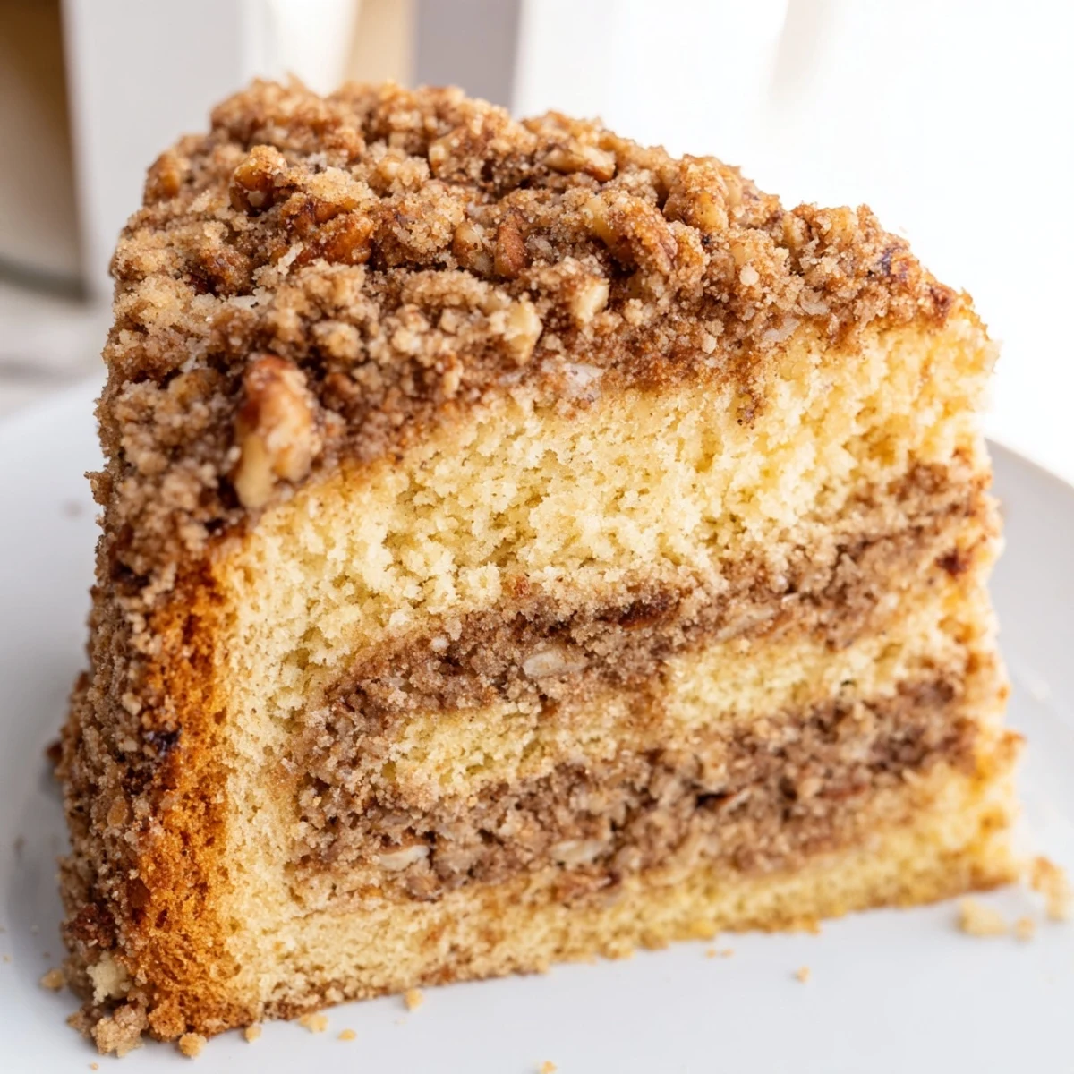 Warm cinnamon pecan crunch coffee cake sliced on a rustic cutting board with crumbly topping