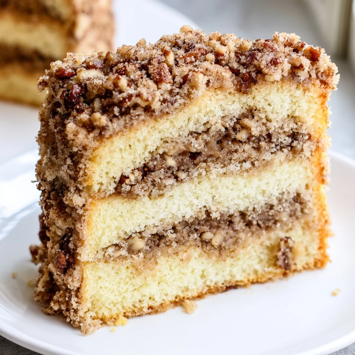 Golden cinnamon pecan crunch coffee cake fresh from the oven with a streusel pecan layer